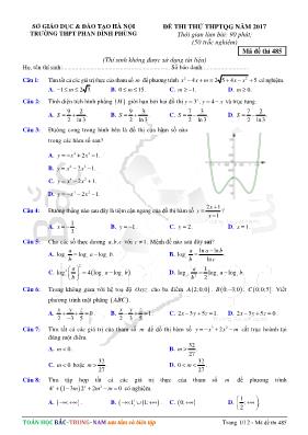 Đề thi thử THPT Quốc gia môn Toán năm 2017 - Mã đề 485 - Trường THPT Phan Đình Phùng (Có đáp án)